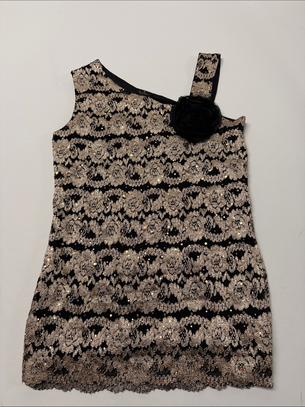Nue Options Black and Gold One-Shoulder Lace Dress with Flower